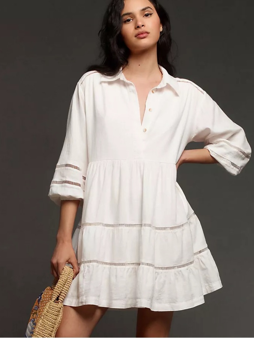 Anthropologie Maeve Bettina Tiered Mini Shirt Dress Linen Cream White Small